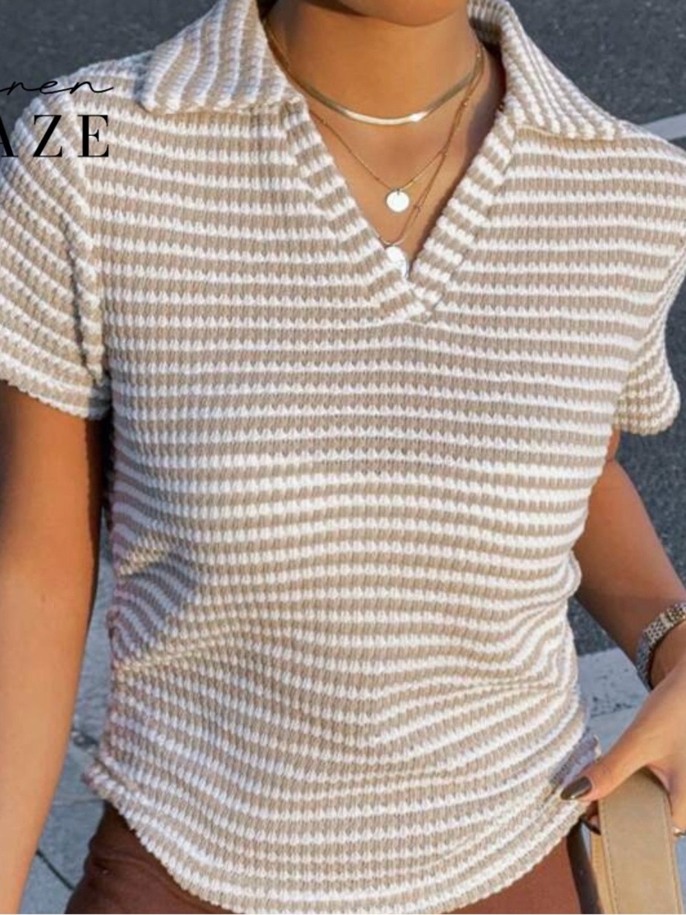 Striped Short-Sleeve Knit Polo Top in Cream and White
